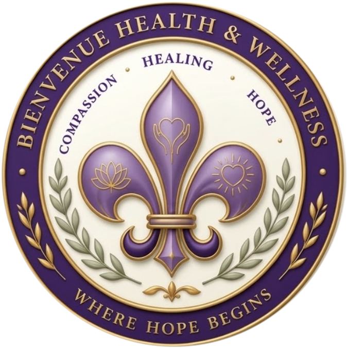Bienvenue shield: fleur-de-lis with laurel, Compassion, Healing, Hope, Where Hope Begins